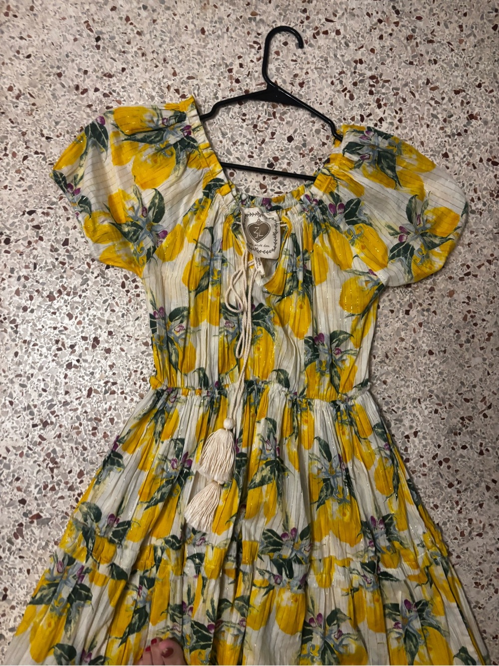 Z&L Europe Lemon Print Metallic Tiered Maxi Sundress, medium - Picture 3 of 11